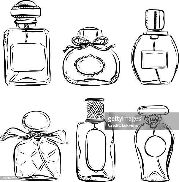 ilustraciones, imágenes clip art, dibujos animados e iconos de stock de pefume botella en blanco y negro - perfume