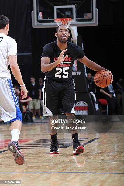 Austin Freeman of the Chicago Bulls dribbles the ball against the Los Angeles Clippers during the game at the Samsung NBA Summer League 2014 on July...