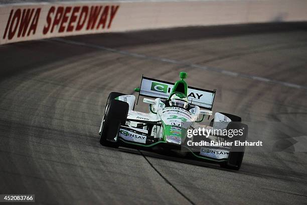 Carlos Munoz of Colombia, driver of the Cinsay AndrettiTV.com HVM Dallara Honda, races during the Iowa Corn Indy 300 at Iowa Speedway on July 12,...