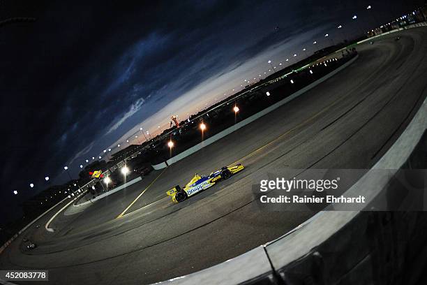 Marco Andretti, driver of the Snapple Andretti Autosport Dallara Honda, races during the Iowa Corn Indy 300 at Iowa Speedway on July 12, 2014 in...