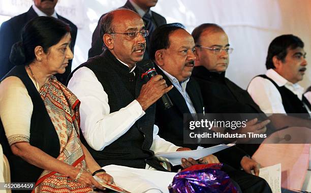 Leaders Sushma Swaraj, Vijay Goel, Dr Harshvardhan, Arun Jaitley and Nitin Gadkari during the launch of Party manifesto for upcoming Assembly...
