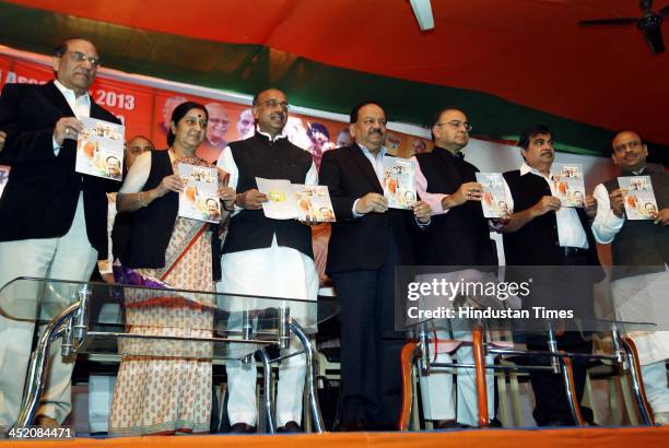 Leaders Vijay Kumar Malhotra, Sushma Swaraj, Vijay Goel, Dr Harshvardhan, Arun Jaitley and Nitin Gadkari during the launch of Party manifesto for...