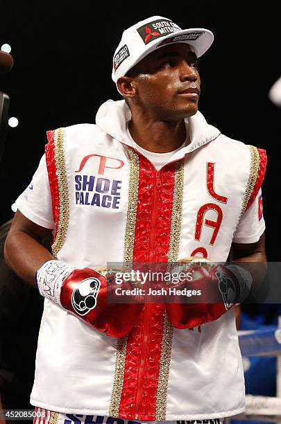 Erislandy Lara enters the ring before his junior middleweight bout against Canelo Alvarez at the MGM Grand Garden Arena on July 12, 2014 in Las...