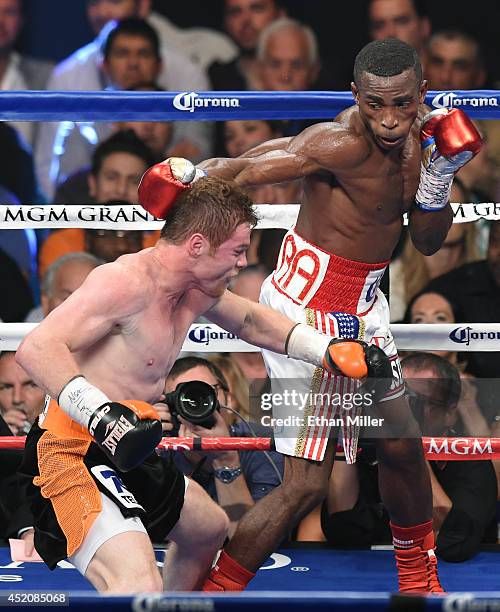 Erislandy Lara hits Canelo Alvarez in the back of the head in the fourth round of their junior middleweight bout at the MGM Grand Garden Arena on...