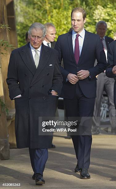 Prince William, Duke of Cambridge and his father Prince Charles, Prince of Wales attend a meeting of 'United for Wildlife' at the Zoological Society...