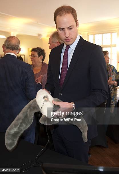 Prince William, Duke of Cambridge holds a toy Albatross with a sensor attached which monitors animal movement as he attends a meeting of 'United for...