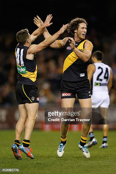 Nathan Foley and Ty Vickery of the Tigers celebrate a goal during the round 17 AFL match between the Richmond Tigers and the Port Adelaide Power at...