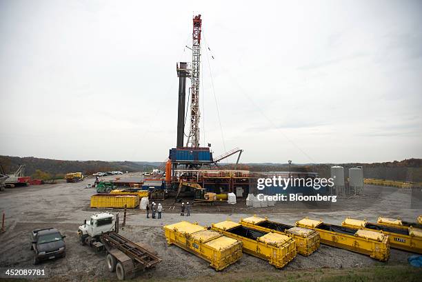 Rig drills for natural gas at a hydraulic fracturing site owned by EQT Corp. Located atop the Marcellus shale rock formation in Washington Township,...