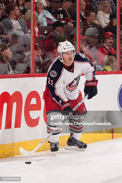 James Wisniewski of the Columbus Blue Jackets skates with the puck during an NHL game against the Ottawa Senators at Canadian Tire Centre on November...