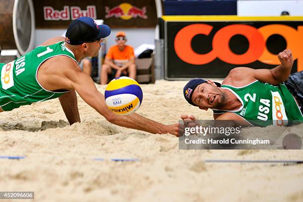 Phil Dalhausser and Sean Rosenthal of USA in action during the men final match Dalhausser-Rosenthal v Alison-Bruno as part of the sixth day of the...