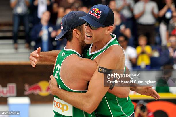 Sean Rosenthal and Phil Dalhausser of USA celebrate winning the men final match Dalhausser-Rosenthal v Alison-Bruno as part of the sixth day of the...