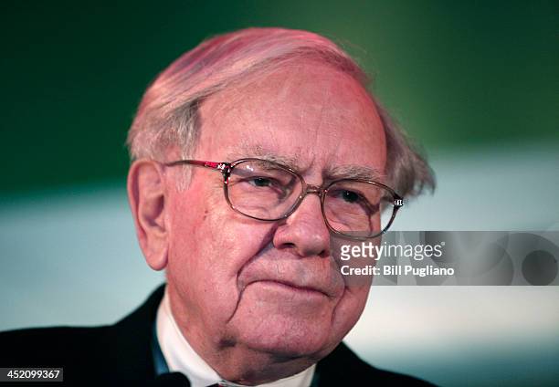 Warren Buffett, Chairman and CEO of Berkshire Hathaway and Co-Chairman of Goldman Sachs 10,000 Small Businesses Program, attends a press conference...