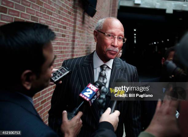 Outgoing Detroit Mayor Dave Bing speaks with the news media after attending a press conference where it was announced that Detroit was named the 11th...