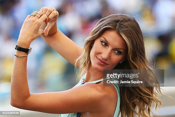 Model Gisele Bundchen looks on prior to the 2014 FIFA World Cup Brazil Final match between Germany and Argentina at Maracana on July 13, 2014 in Rio...