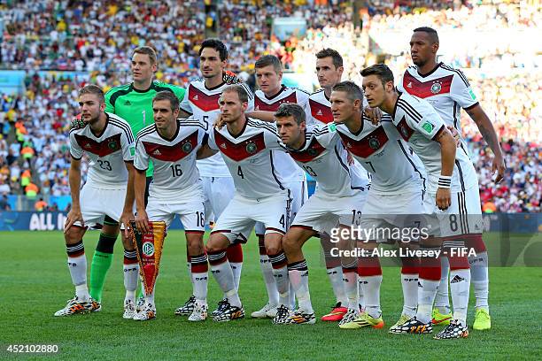 Germany players line up for the team photos prior to the 2014 FIFA World Cup Brazil Final match between Germany and Argentina at Maracana on July 13,...