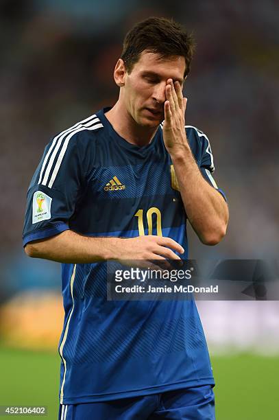 Lionel Messi of Argentina reacts during the 2014 FIFA World Cup Brazil Final match between Germany and Argentina at Maracana on July 13, 2014 in Rio...