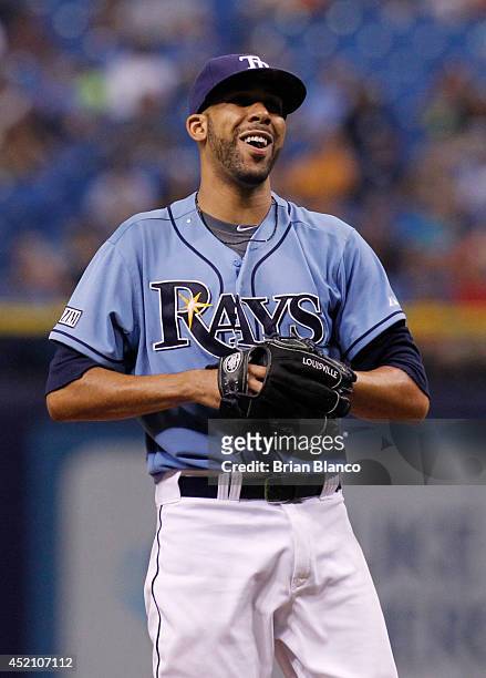 Pitcher David Price of the Tampa Bay Rays smiles on the mound during the eighth inning of a game against the Toronto Blue Jays on July 13, 2014 at...