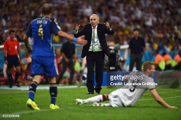 Head coach Alejandro Sabella of Argentina reacts during the 2014 FIFA World Cup Brazil Final match between Germany and Argentina at Maracana on July...