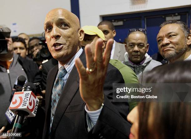 William Lantigua addresses the press after losing by 81 votes during the mayoral recount at the South Lawrence East Educational Complex, Saturday,...