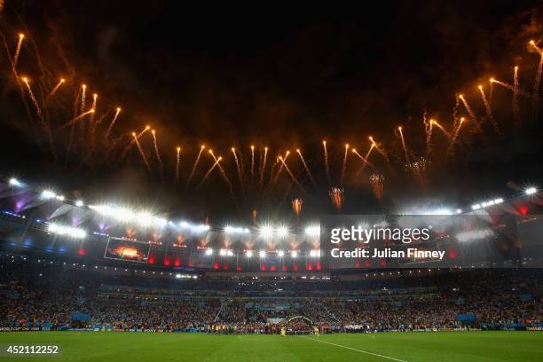 General view of the stadium with fireworks after the 2014 FIFA World Cup Brazil Final match between Germany and Argentina at Maracana on July 13,...