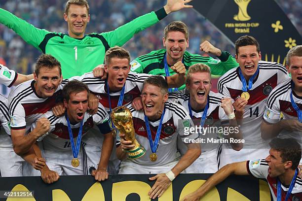 Miroslav Klose, Philipp Lahm, Manuel Neuer, Erik Durm, Bastian Schweinsteiger, Ron-Robert Zieler, Toni Kroos, Julian Draxler and Thomas Mueller of...