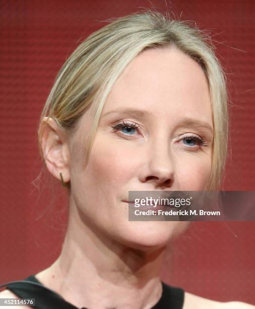 Executive producer Anne Heche speaks onstage at the "Bad Judge" panel during the NBCUniversal portion of the 2014 Summer Television Critics...