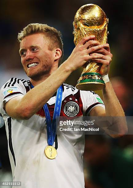 Andre Schurrle of Germany celebrates during the 2014 World Cup final match between Germany and Argentina at The Maracana Stadium on July 13, 2014 in...