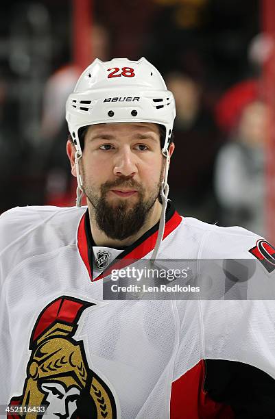 Matt Kassian of the Ottawa Senators looks on during warm-ups prior to his game against the Philadelphia Flyers on November 19, 2013 at the Wells...