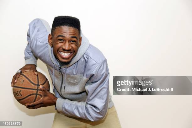 High School Basketball: Closeup portrait of New Rochelle High senior Khalil Edney during photo shoot at his home. Edney became a viral video...