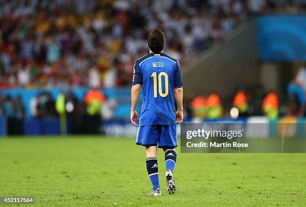 Lionel Messi of Argentina looks dejected after a goal during the 2014 FIFA World Cup Brazil Final match between Germany and Argentina at Maracana on...