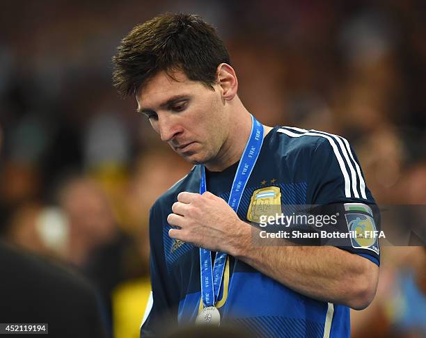 Lionel Messi of Argentina shows his dejection after the 0-1 defeat in the 2014 FIFA World Cup Brazil Final match between Germany and Argentina at...