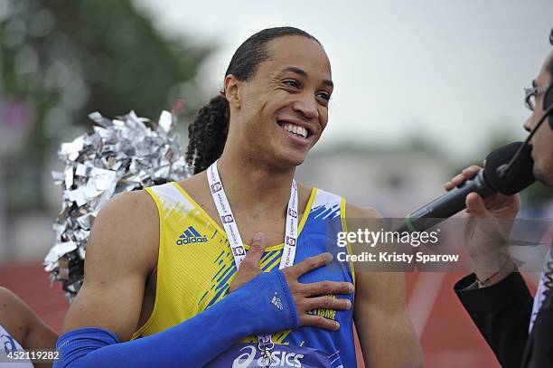 Pascal Martinot-Lagarde wins first place in the 110 Meter Hurdles during the Championnats de France d'Athletisme Elite on July 13, 2014 in Reims,...