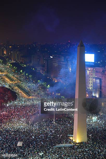 General view of fans of Argentina after FIFA World Cup final match between Germany and Argentina at Hotel Panamericano in 9 de Julio Avenue on July...