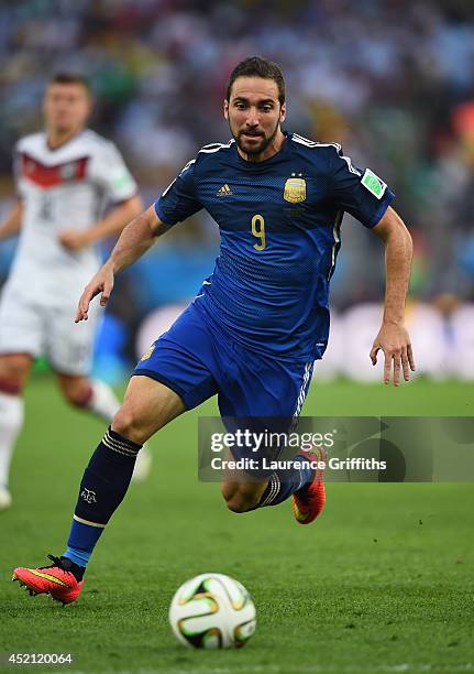 Gonzalo Higuain of Argentina controls the ball during the 2014 FIFA World Cup Brazil Final match between Germany and Argentina at Maracana on July...