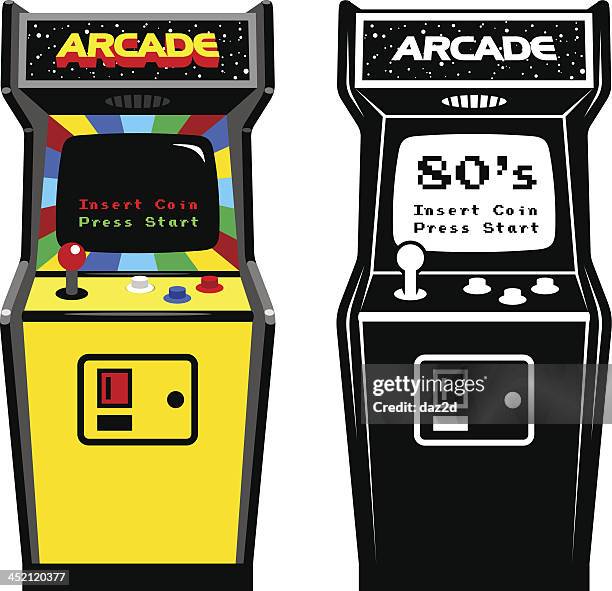 ilustraciones, imágenes clip art, dibujos animados e iconos de stock de arcade juego de armario - sala de máquinas recreativas