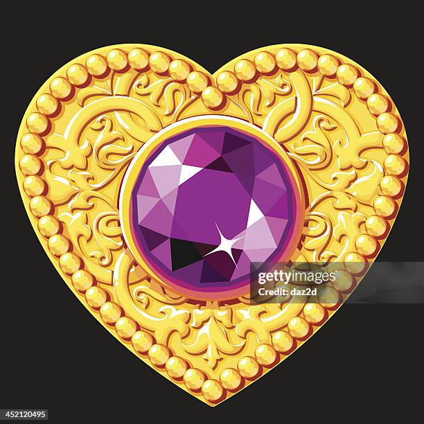 golden heart with a purple gemstone - amethyst stock illustrations