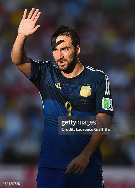 Gonzalo Higuain of Argentina gestures during the 2014 FIFA World Cup Brazil Final match between Germany and Argentina at Maracana on July 13, 2014 in...