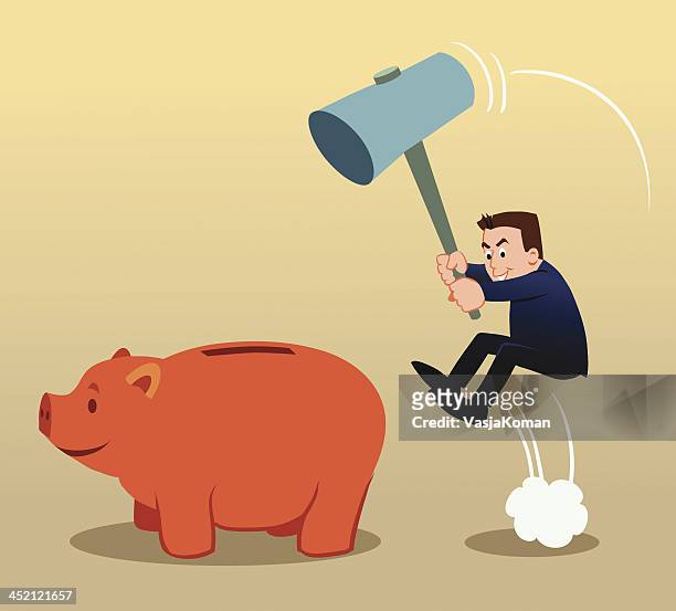 cartoon man breaking a piggy bank - swinging sledgehammer stock illustrations