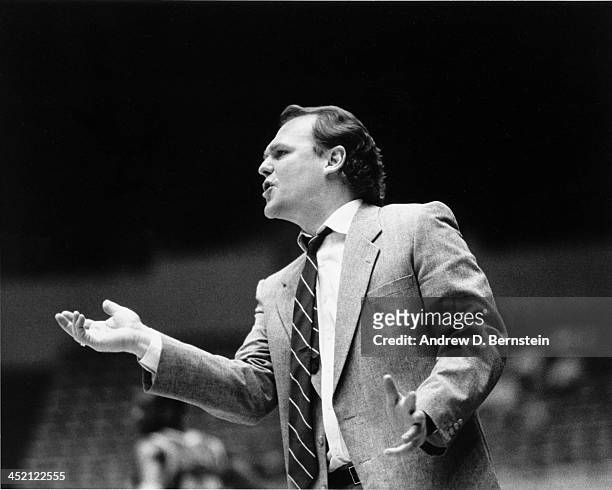 Golden State Warriors head coach George Karl looks on against the Los Angeles Clippers during a game circa 1987 at the Los Angeles Memorial Sports...