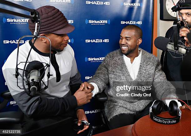 Recording artist Kanye West visits 'Sway in the Morning' with Sway Calloway on Eminem's Shade 45 at the SiriusXM Studios on November 26, 2013 in New...