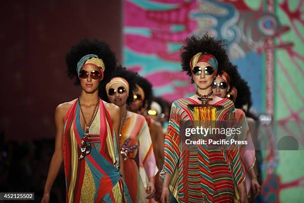 The female models walk through the runway wearing the Miranda Konstantinidou collection during the Mercedes-Benz Fashion Week Berlin Spring/Summer...