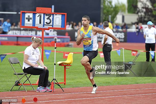 Salim Sdiri wins 1st place in the Longueur during the Championnats de France d'Athletisme Elite on July 13, 2014 in Reims, France.