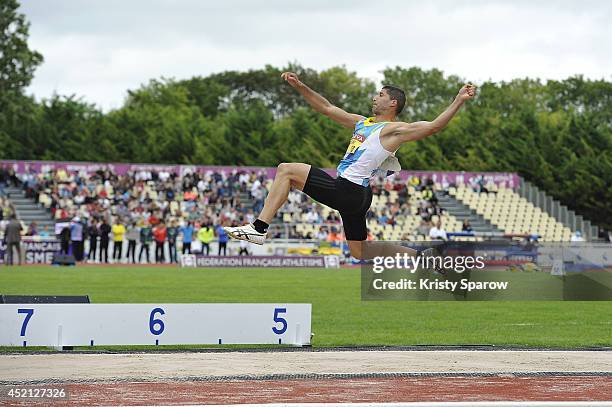 Salim Sdiri wins 1st place in the Longueur during the Championnats de France d'Athletisme Elite on July 13, 2014 in Reims, France.