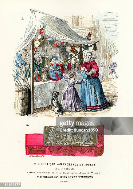 toy shop 17th century - france costume stock illustrations