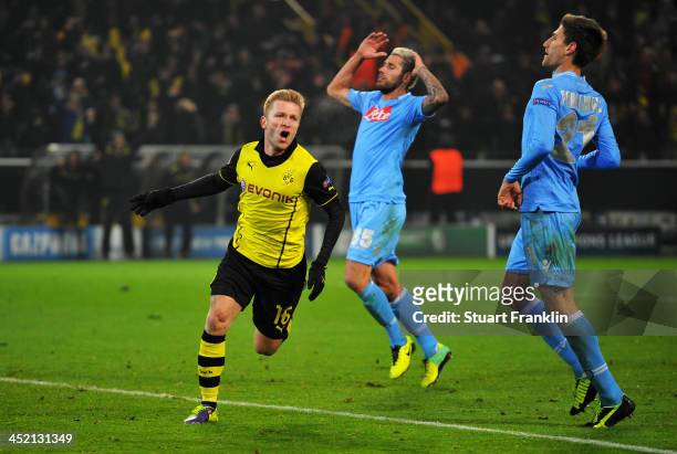 Jakub Blaszczykowski of Dortmund celebrates scoring his team's second goal during the UEFA Champions League Group F match between Borussia Dortmund...
