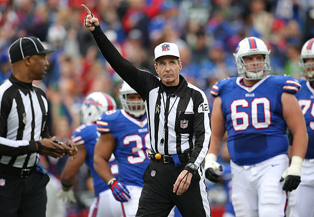 Referee Bill Leavy signals a first down for the Buffalo Bills after a measurement during NFL game action against the New York Jets at Ralph Wilson...