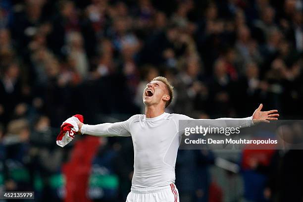 Viktor Fischer of Ajax celebrates victory after the UEFA Champions League Group H match between Ajax Amsterdam and FC Barcelona at Amsterdam Arena on...