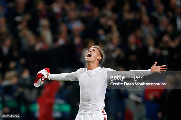 Viktor Fischer of Ajax celebrates victory after the UEFA Champions League Group H match between Ajax Amsterdam and FC Barcelona at Amsterdam Arena on...