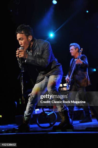 Lead vocalist Arnel Pineda of American rock group Journey performing live on stage at Wembley Arena in London, on May 29, 2013.