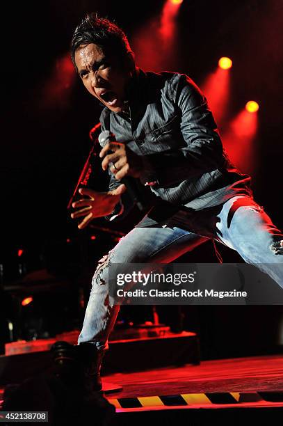 Lead vocalist Arnel Pineda of American rock group Journey performing live on stage at Wembley Arena in London, on May 29, 2013.